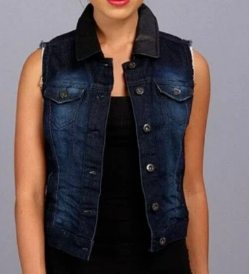 Casa de Muñecas Y2K DENIM Jeans CHALECO Negro Imitación Cuero TRIM Moto MUJERES jrs M Foto 1 de 4