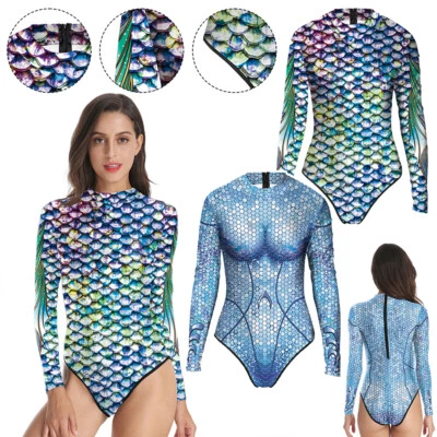 Damen Langarm Body Meerjungfrau Badeanzug Mit Fischschuppen Einteiler Overall $ - Bild 1 von 4