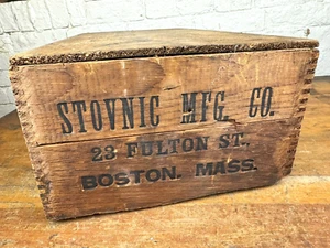 Caja de envío de madera C.1920 Stovnic, esmalte de estufa, 23 Fulton St. Boston, exhibición - Imagen 1 de 11