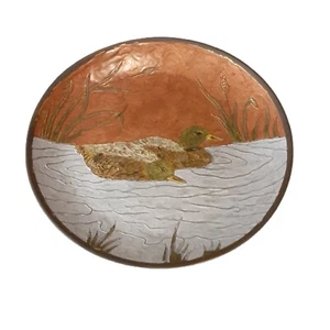 Heavy Brass Enameled Plate Ducks Rustic Cabin Pond Cattail Grasses 9" - Picture 1 of 4