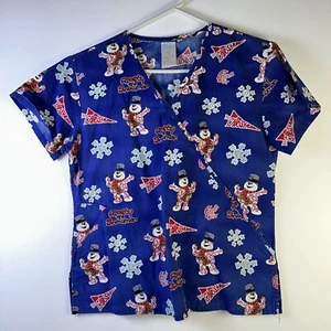 Frosty The Snowman Scrub Top Womens Small Blue Frosty Print Cotton Top - Picture 1 of 7