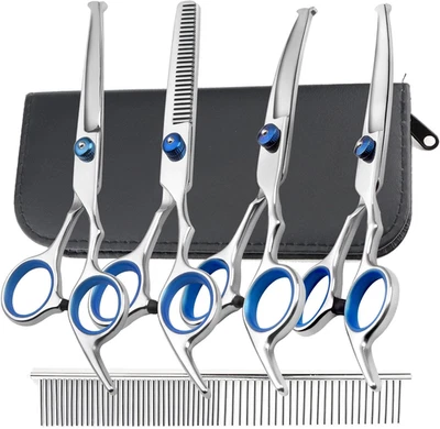 GITG 7PCS Dog Pet Cat Grooming Scissors Kit Curved Safety Round Tip Thinning Shears