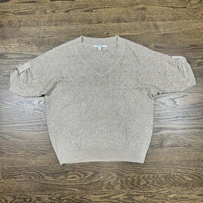 Chicos Top Womens 0 | Small Brown Sequin Short Sleeve V Neck Sweater Stretch - Image 1 of 4