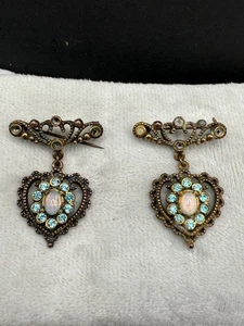 Vintage Heart Brooch Lot Blue Rhinestone Valentine Romantic Set of 2 READ - Picture 1 of 8