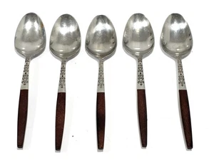 5 Interpur INR2 Stainless Teaspoons Brown Faux Wood Handle Flatware MCM Japan - Picture 1 of 3