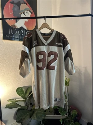 Vintage 90s Y2K FUBU Sport Football Jersey Size L Brown Cream Streetwear Hip Hop - Image 1 of 4