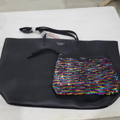 Victoria Secret black tote bag with silver lettering With Sequin Clutch Bag NWT - Image 1 of 4