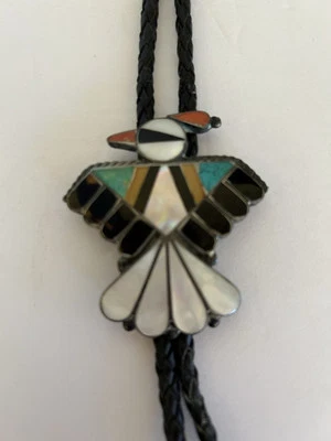 Vintage Zuni Bolo Tie Turquoise, Coral, Pearl & Silver - Image 1 of 4
