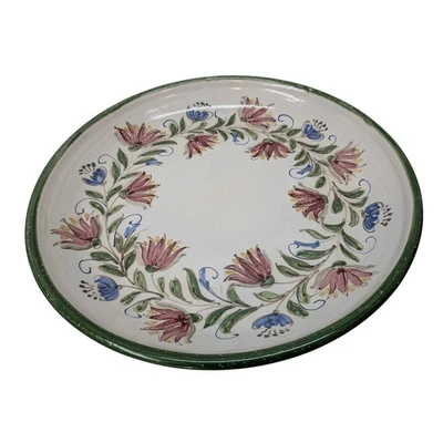 Berkshire Pottery Hand Painted Floral Serving Platter Dish Green Rim Round 15" Foto 1 de 4