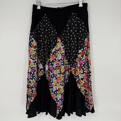 Maeve Anthropologie Patchwork Floral Polka Dot Midi Skirt Black Large - Image 1 of 4