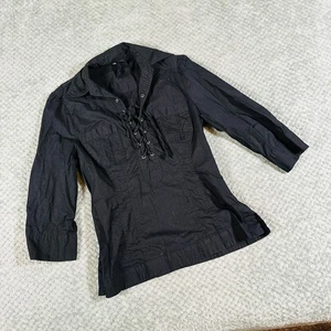 Blusa vintage y2k negra con cordones coqueta oficina sirena manga cuarto nueve oeste s - Imagen 1 de 4