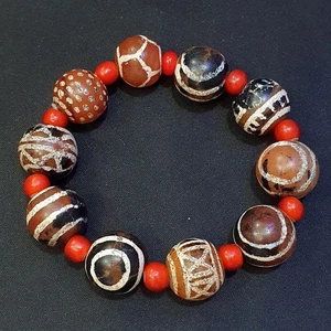 Antique nepalese 10 etched agate bead decorated carnelian beaded bracelet - Picture 1 of 10