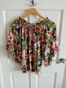 H&M Tropical Floral Print Bardot Off Shoulder Summer Beach Top Size 32 6 8 (A) - Picture 1 of 5