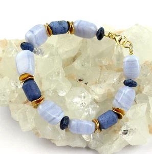 Chalcedony Dumortiertit Chain Bracelet Gemstone Blue Healing Stone Ca. 7 7/8in - Picture 1 of 4