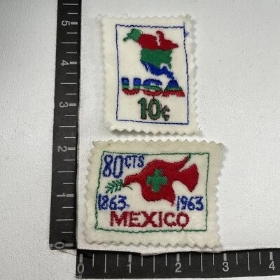 De colección 2 Parches de Fieltro Estampilla Postal Tema Paloma de la Paz MÉXICO 80¢ + EE. UU. 10¢ 00TO Foto 1 de 2