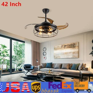 42'' Rustic Ceiling Fan Light Chandelier Lamp Retractable Blades Remote Control - Picture 1 of 11