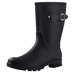 Women's Mid Calf Rain Boots Waterproof Garden Shoes Matte Black 38 - Picture 1 of 7