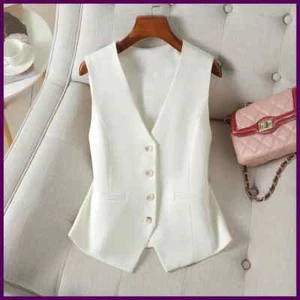 White Single Breasted V-neck Short Slim Fitting Vest For Women Spring Autumn - Picture 1 of 24