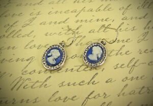 Blue Oval Cameo Earrings in a Clear Crystal Setting - Romantic vintage look -New