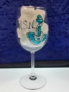 "USN / Anchors Aweigh" handpainted on Stemmed Wine Glass - NEW - Picture 1 of 4