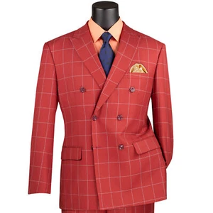 VINCI Men's Apple Red Windowpane Double Breasted 6-Button Modern Suit - NEW - Picture 1 of 3