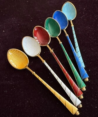 12 cucharas de plata esterlina esmalte guilloche Ela Dinamarca de colección en cajas ZZ467 Foto 1 de 4