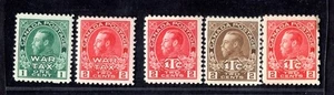 Estampillas de impuestos de guerra de Canadá 1915-1916 Scott #MR1-MR2 MNH y Scott #MR3-MR5 MH EN MUY BUEN ESTADO - Imagen 1 de 2