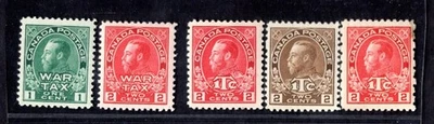 CANADA 1915-1916 WAR TAX STAMPS SCOTT #MR1-MR2 MNH & SCOTT #MR3-MR5 MH VF - Image 1 of 2