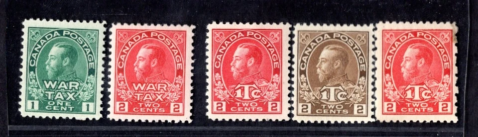 CANADA 1915-1916 WAR TAX STAMPS SCOTT #MR1-MR2 MNH & SCOTT #MR3-MR5 MH VF - Image 1 of 2