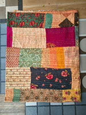 Indian Kantha Patchwork Bedspread Quilt Hand Block Print King Size Blanket Art - Image 1 of 4