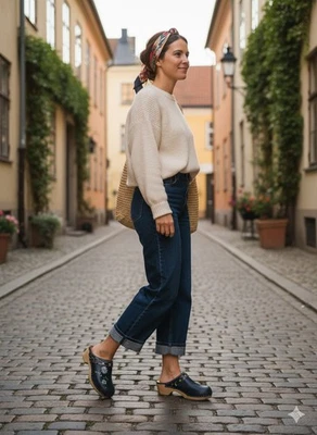 Zuecos de calidad sueca vintage de cuero azul marino con suela de madera floral margarita M38/W7 Foto 1 de 4