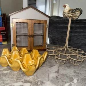 Wooden Chicken Egg Holder & Ceramic & Wired Chicken Bundle - Picture 1 of 5