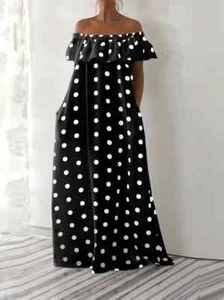 Off-Shoulder Polka Dot Maxi Dress – Black & White, Flowing Fit Size 🌟 4X - Picture 1 of 3