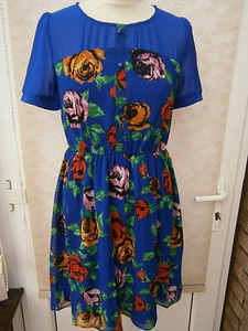 LADIES ROSE PRINT SKATER DRESS ROYAL BLUE NEW RRP £45 (ref 409) SALE - Picture 1 of 3