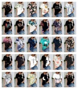 Blusa Mujer Negro Flor Camisetas Moda Suave Manga Corta Casual Camisa Verano Tee - Picture 1 of 41