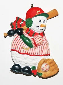 CHRISTMAS ORNAMENT BASEBALL SNOWMAN SNOW MAN BAT GLOVE BAT STRIPED RED JERSEY - Picture 1 of 1