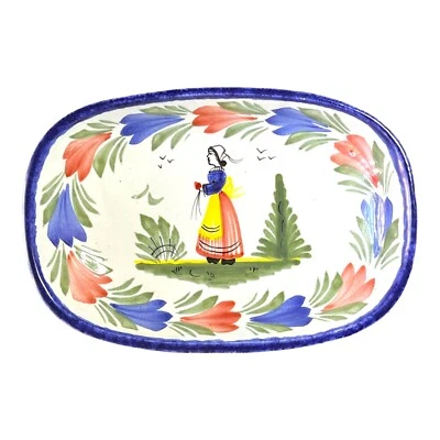 Vintage HB Quimper Mistral Lady Blue Round 7” Butter Tray France 1968-1984 - Image 1 of 4