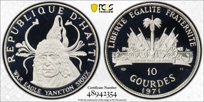 1971-C HAITI SILVER 10 GOURDES CHIEF WAR EAGLE - PCGS PR 69 DCAM - Image 1 of 2