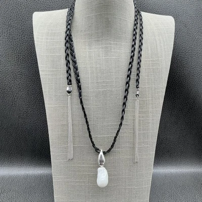 Anthropologie Black Braided Lariat Necklace Baroque Pearl Silver-Tone Tassel - Image 1 of 4