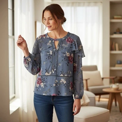 Blusa Floral Azul Mercado Negro Casa Blanca Talla M Volantes Manga Larga Cerradura Boho Foto 1 de 4