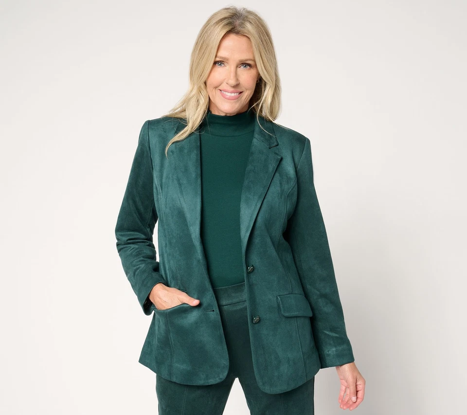 Isaac Mizrahi Live! Regular Estate Stretch Faux Suede Blazer with Lining Dark Em - Image 1 of 1