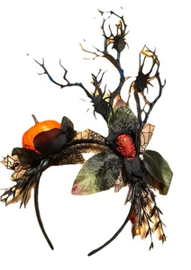 Halloween Headband Handcrafted Black W Branches Spiders Pumpkin About 14” - Picture 1 of 7