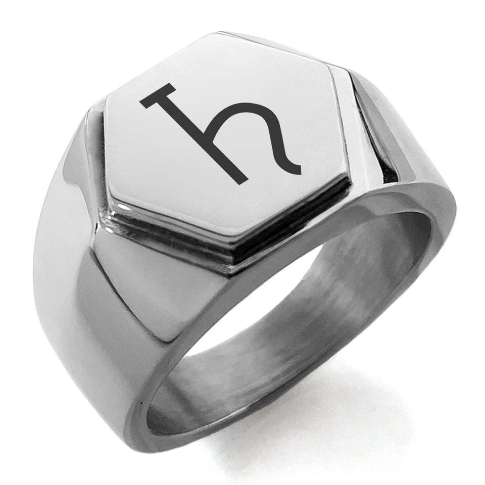Stainless Steel Solar System Planetary Saturn Mens Hexagon Crest Signet Ring - Image 1 of 1