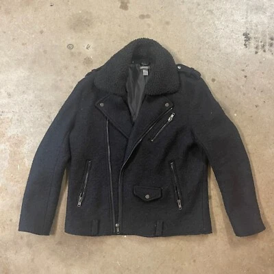 H&M Boucle шерстяная смесь мотоциклетная куртка черный размер L искусственная пихта воротник - Изображение 1 из 4