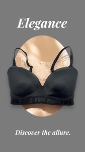 Victorias Secret Pink Black Lightly Lined Bra 34DD Adjustable Straps Logo - Picture 1 of 6