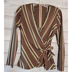 Women's Top Colorful Striped Wrap Tie Waist V Neck Rainbow Retro Size S Career - Picture 1 of 7