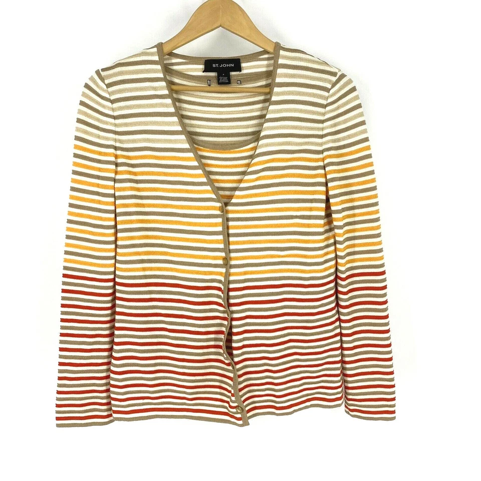 St John 毛衣 P 码女式橙色棕褐色针织条纹背心开衫双件套 — 第 1/4 张图片