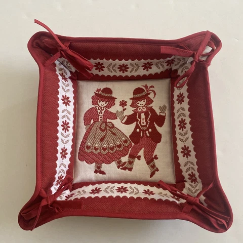 Woven Tapestry Bread Holder Basket Old World Folk Art Austrian Halltex Red Cover