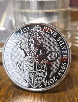 Reino Unido Queens Beast Lion Of England 2016 2 oz plata 0,9999 BU #2 Foto 1 de 4