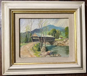 Puente cubierto de pintura al óleo original firmado por Edwin J Bruns - Imagen 1 de 3